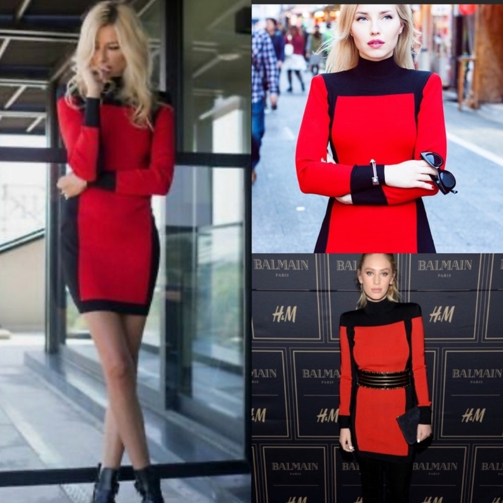Balmain Red and Black Asymmetrical Ruched Dress